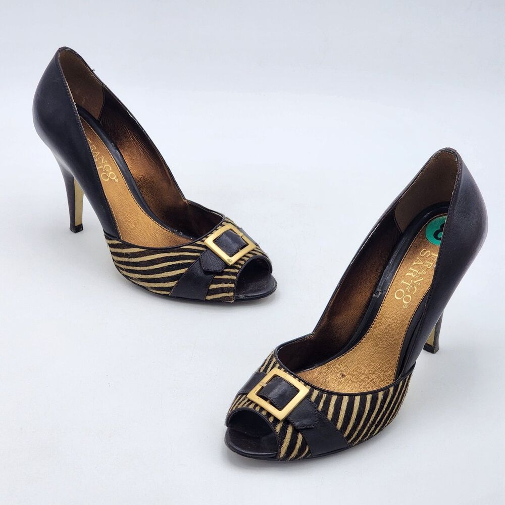 Franco Sarto Y2K Baddie Zebra Print Calf Hair Buckle Peep Toe Heels Size 8 RARE